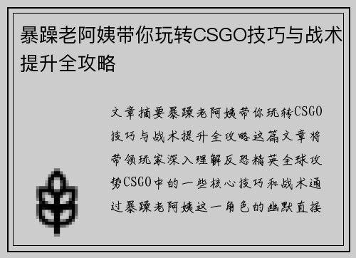 暴躁老阿姨带你玩转CSGO技巧与战术提升全攻略